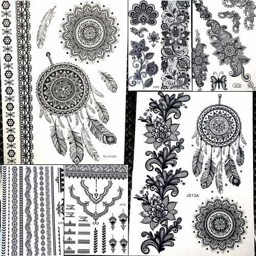 25 Style Black Dream Catcher Henna Tattoo Stickers Women Girl Makeup Mehndi Water Transfer Tatoos Mandala Deamcatcher Flower