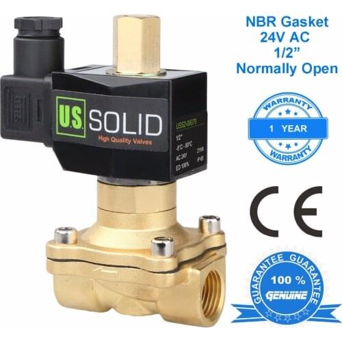U.S. Solid 1/2" Brass Electric Solenoid Valve 24V AC Normally Open, Air Water NBR, CE Certified