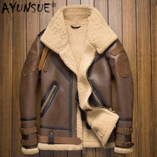 AYUNSUE Sheep Shearling Jacket Mens Genuine Leather Jacket Men Motorcycle Aviation Flight Jacket Natural Wool Fur Coat 8156