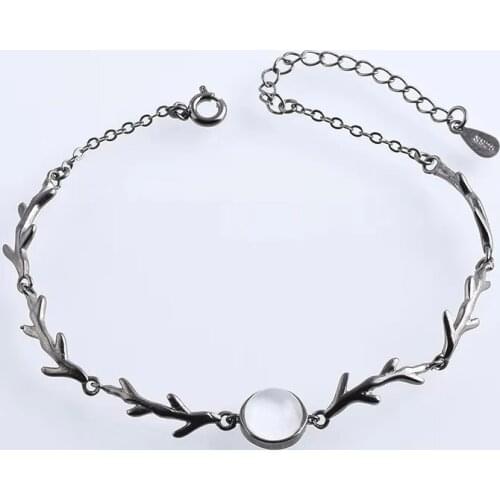 925 Sterling Silver Bracelets For Women Moonstone branch Charm Bracelet Adjustable Chain Electroplated black gold Gift Jewelry