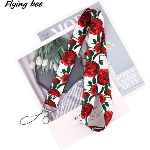 Flyingbee Red Rose Flower Lanyard Card ID Holder Car KeyChain ID Card Pass Gym Phone Badge Kids Key Ring Holder Jewelry X1901