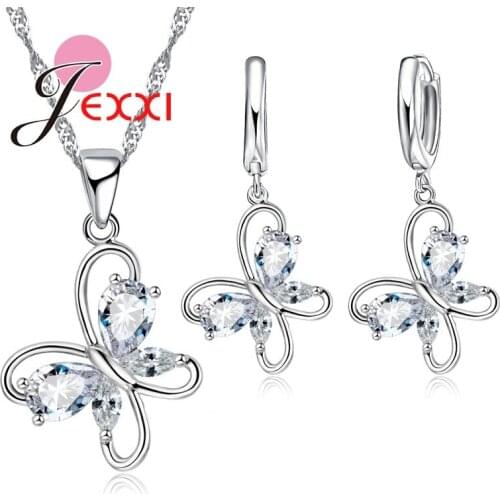 Charms New 925 Sterling Silver Bridal Wedding Accessories Clear Cubic Zirconia Butterfly Pendant Necklace Earrings