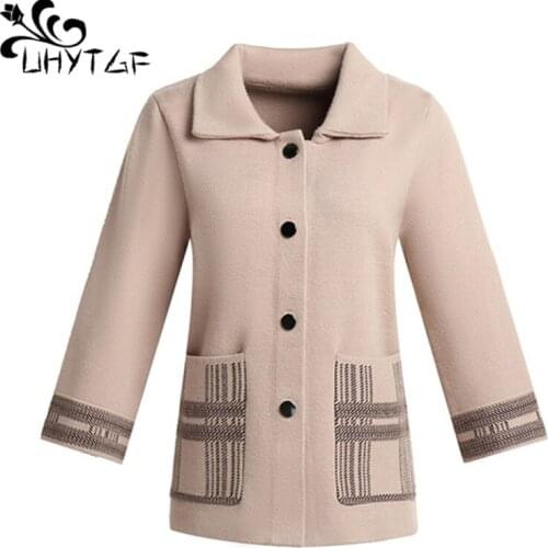 UHYTGF cardigans for women 2020 fashion single-breasted knitted autumn sweater coat solid color wild plus size sweater women 997