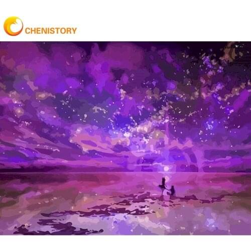 CHENISTORY Oil Picture By Numbers For Adults Handmade DIY Gift Purple Aurora Landscape Painting 60x75cm Framed Wall Decor Paint
