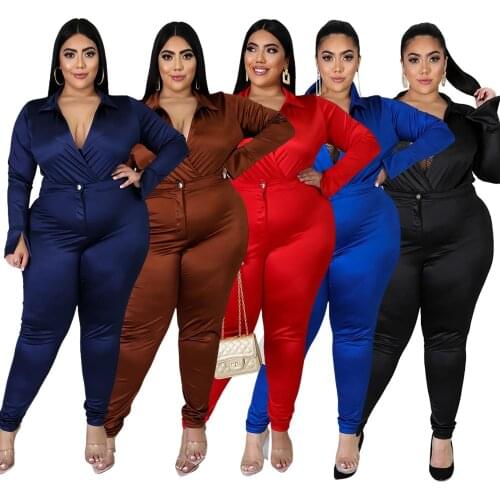 Satin Fabric Two Piece Set Plus Size Women Clothing Deep V Neck Bodysuit Top And Zipper Long Pants Sexy Outfits For Night Club