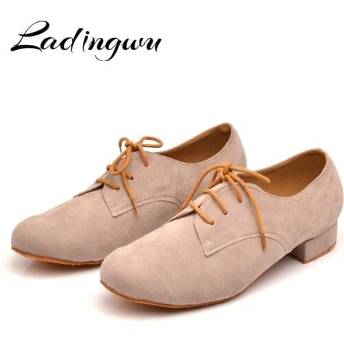Ladingwu Mens Suede Ballroom Dance Shoes Flats Modern Dance Shoes Light Brown Tango Party Wedding Square Dance Shoes