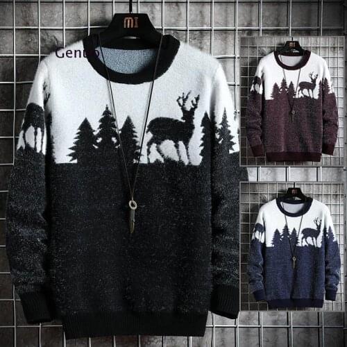 Mens Knitted Sweater Men 2021 Autumn Winter Casual Christmas Tree Deer Pullover Vintage Black Slim Fit Sweaters Male