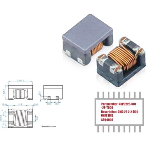 My Group Asia 1000PCS ACP3225-501-2P-T000 2 Line Common Mode Choke Surface Mount 2A 500OHM SMD CMC Filters in Stock