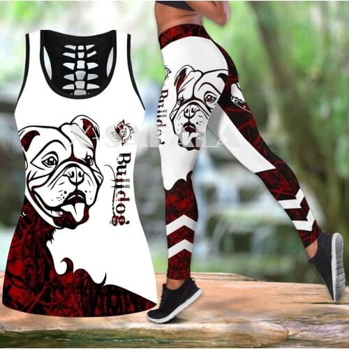 Animal Nao Bulldog Tattoos Two Piece Yoga Set Women 3D Print Vest Hollow Out Tank Top High Waist Legging Summer Casual Sport