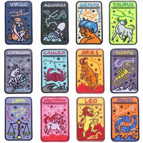 Cartoon 12 Constellations Embroidery Patches Iron on Zodiac Badges Clothes Hole Patch Cards Thermo Stickers Apparel Decorations