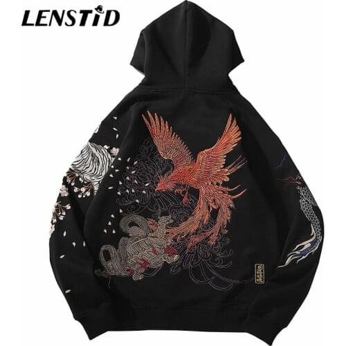 LENSTID Autumn Men Pullover Hoodies Hip Hop Flower Dragon Turtle Embroidery Harajuku Streetwear Cotton Casual Hooded Sweatshirts