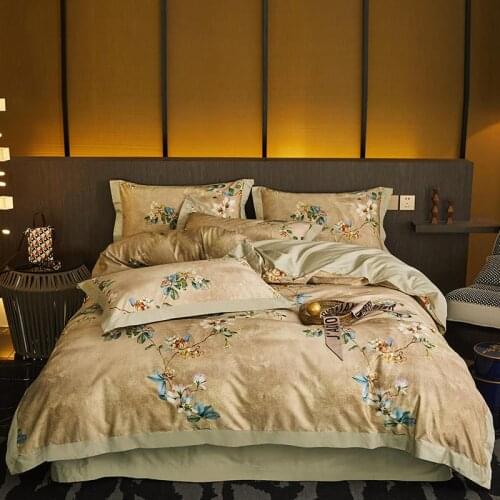 Luxury 800TC Egyptian Cotton bedding set Chic Printed Yellow Blue Botanical Retro Vintage Duvet Cover Sets with Zipper Closure