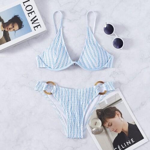 Sexy Pleated Bikini 2021 Women Striped Push Up Bra Underwire Swimsuit Brazilian Beach Bathing Suit High Waist Swimwear Biquini