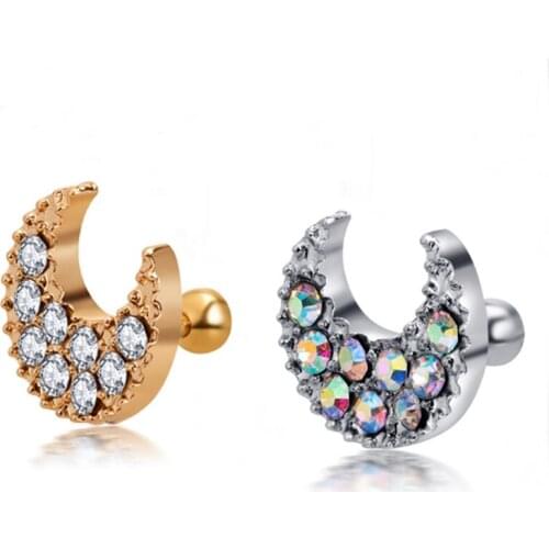 1 Piece New Simple Gold Color Stainless Steel White Crystal Stud Earring for Women Helix Ear Piercings Fashion Jewelry