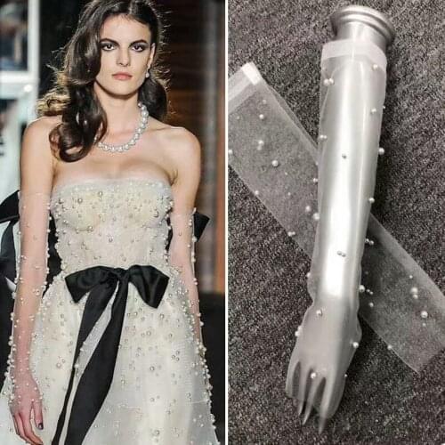 Gorgeous Fingerless Bridal Gloves Tulle Wedding Gloves Sparkly Pearls Beads Long Women Wedding Gloves 2019