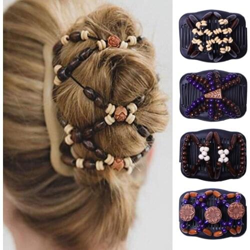 1pc Vintage Natural Wood Double Beaded Elastic Hairpin Hair Comb Beaded Hair Magic Comb Clip Beads Pin Ladies Hair Accessories