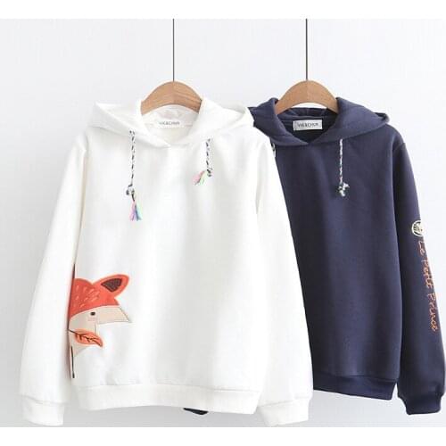 Japanese Sen woman new cartoon fox embroidery patch hooded long sleeve loose hoodie girls clothes 19071