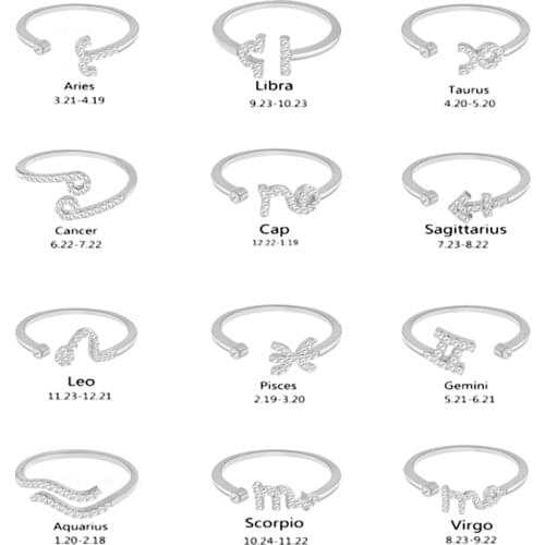 Rinhoo 12 Constellation Rings For Women Fashion Rhinestone Adjustable Zodiac Sign Rings Silver Color Girls Birthday Jewelry Gift