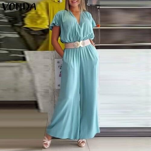 Women Jumpsuits 2021 VONDA Flare Sleeve Solid Color Wide Leg Pants Palazzo Pants V Neck Pleated Long Jumpsuits Female Trousers