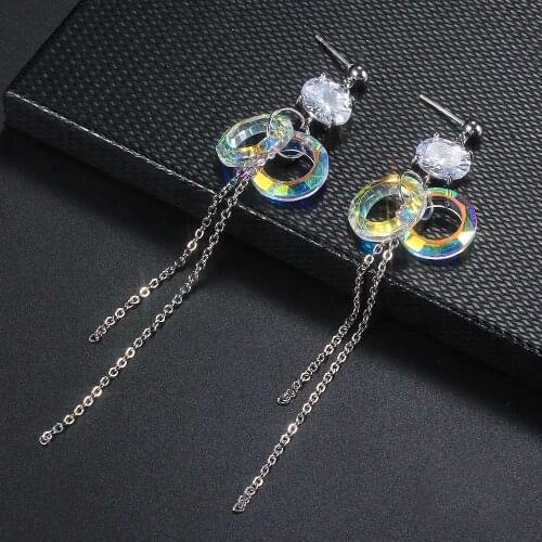 Women Earrings Couple Wedding Earrings Alloy Silver Plated Circle Tassel Crystal Earrings Gift for Girlfriend Fashion Jewelry