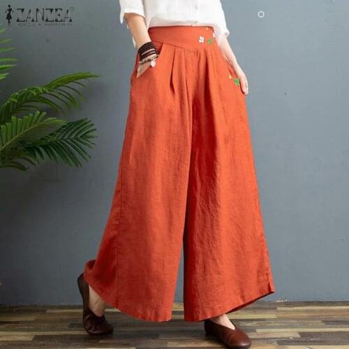 Womens Wide Leg Trousers ZANZEA 2021 Kaftan Solid Pants Casual Elastic Waist Long Pantalon Palazzo Pockets Oversized Turnip
