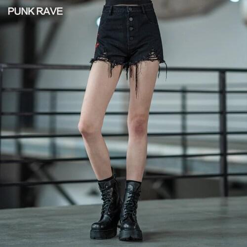 PUNK RAVE Womens Bramble Embroidered Shorts Punk Roses Embroidery Twill Denim Tall Waist Girl Fashion Sexy Hot Short