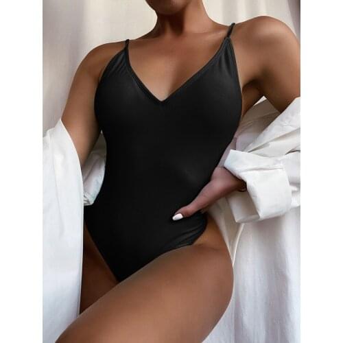 2021 Summer Solid Womens Sexy Plunge V Neck Cross Back High Cut One Piece Bathing Suits Swimsuit