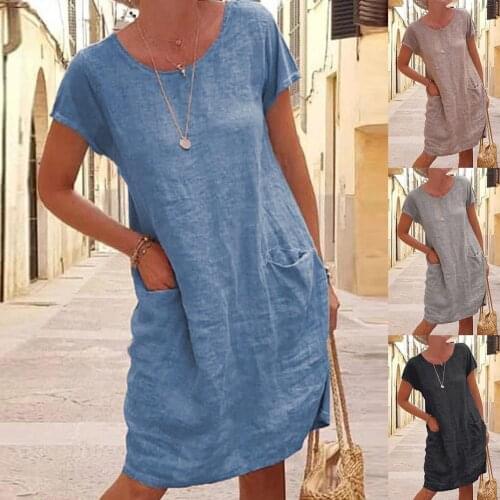Woman dress Casual Solid Color Short Sleeve O Neck Pockets Loose Cotton Linen Dress femme robe vestido de mujer платье женское
