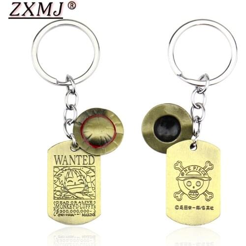 ZXMJ One Piece Luffy straw hat Keychain KeyRing Double tag Square letter WANTED Necklace & pendant Car key pendant for fans gift