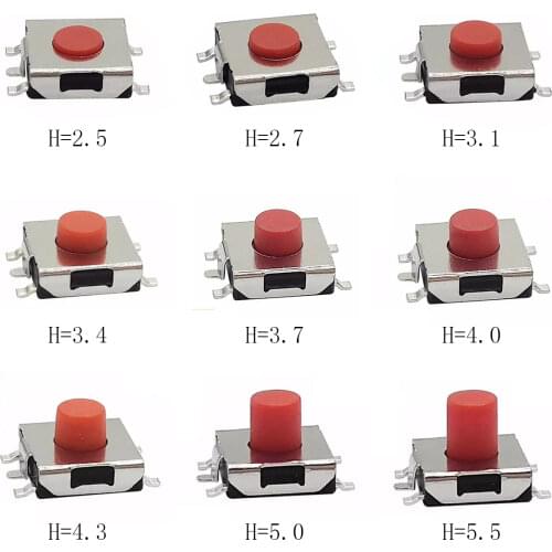 1000PCS 6.2X6.2mm Height=2.5/2.7/3.1/3.4/3.7/4/4.3/5/5.5mm 5PIN SMD(SMT) Red Tact Button PCB Mounting Momentary Click