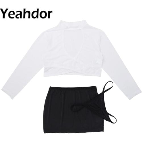 3Pcs Women Secretary Uniform Cosplay Costume Blouse Set Roleplay Outfit Sheer Long Sleeve Crop Top with Mini Skirt and G-string