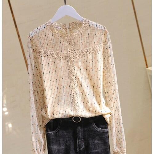 Hollow Out Lace Floral Women Shirts Summer New 2021 Loose Elegant Office Lady Patchwork Outwear Tops