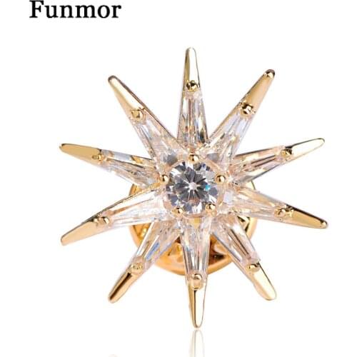 Funmor Shiny Star Shape Brooches Gold-color Micro Inlay Cubic Zircon Collar Clip Chapter Copper Women Men Brooch Badge Joyeria