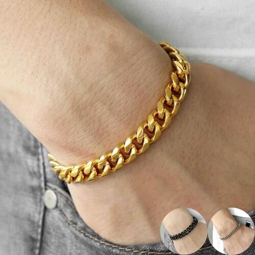 Stainless Steel Link Chain Bracelet For Men 8 9 10inch Men Curb Cuban Bracelet 6/9/11mm Gold Black Silver Color Wholesale LKB650
