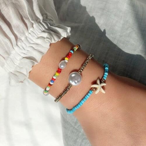 3PCS Starfish Bracelet Bohemian Fake Pearl Colorful Bead Bracelet Starfish Anklet Summer Beach Foot Chain for Women Girls