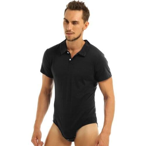 Men One Piece Solid Color Lingerie Short Sleeve Turn-down Collar Press Button Crotch Shirt Bodysuit Romper Pajamas for Cosplay