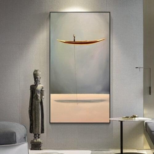 Fantasy Lonely Thinker and Golden Boat Posters and Prints Canvas Painting Wall Art for Living Room Home Decor