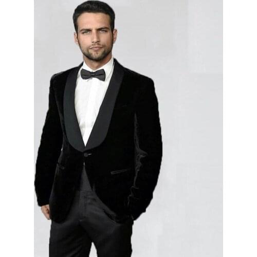 Smoking Jacket Grey Velvet Blazer Men Suits for Wedding Black Pants Shawl Lapel Slim Fit Groom Tuxedo Groomsmen Wedding Suits