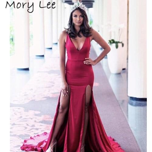 Hot Sell Evening Dresses V-Neck Zipper Back Floor Length Mermaid Silk Satin Evening Dresses vestidos de fiesta de noche