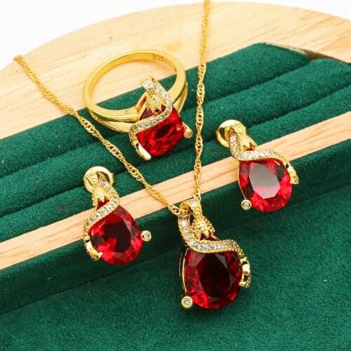 Exquisite Wedding Gold Color Jewelry Sets For Women Blue Green Red Zircon Earrings Necklace Pendant Ring Christmas Gift 3PCS