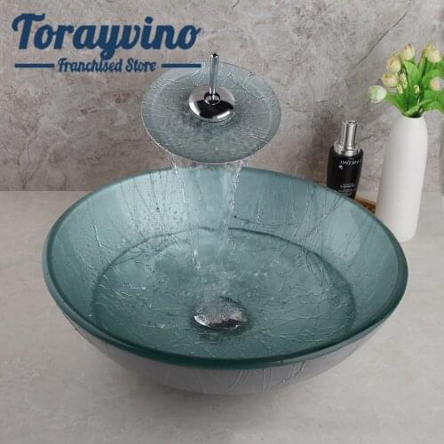 Bathroom glass tap waterfall Brass faucet Hand Painted basin deck mounted Cold Hot Water bath mixer taps Finished a high quality