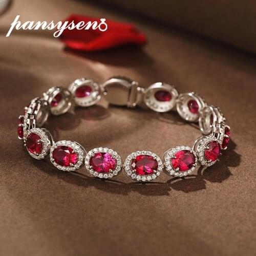 PANSYSEN Vintage Solid 925 Sterling Silver Ruby Diamonds Birthstone Bracelets for Women Luxury Anniversary Party Fine Jewelry
