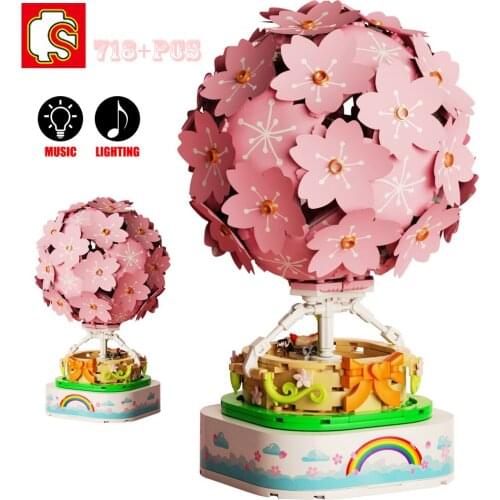 SEMBO Sakura Bricks 718PCS Sakura Hot Air Balloon Music Box Building Blocks Rotatable Beautiful lights Music Box Educational Toy