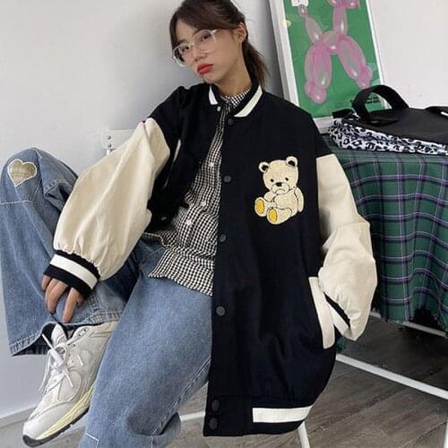 Women Cute Bear Embroidery Baseball Jacket Stand-up Collar Single-breasted Loose Coats Korean Style Casual Baseball Uniform