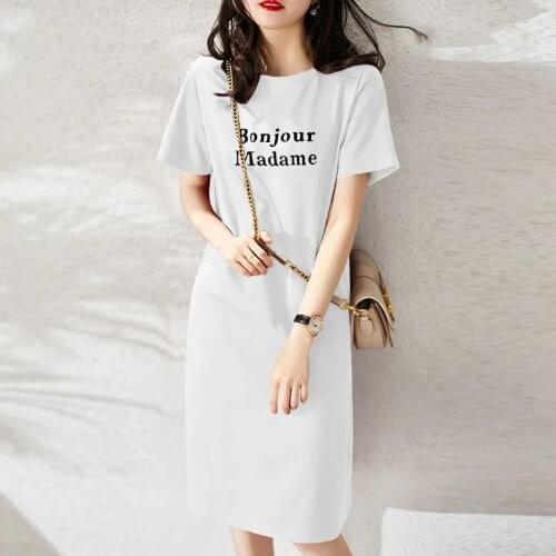TSXT New Summer Women Fashion Print Bonjour Madame Loose Comfortable Round Collar T Shirt Short Sleeve Long Dress