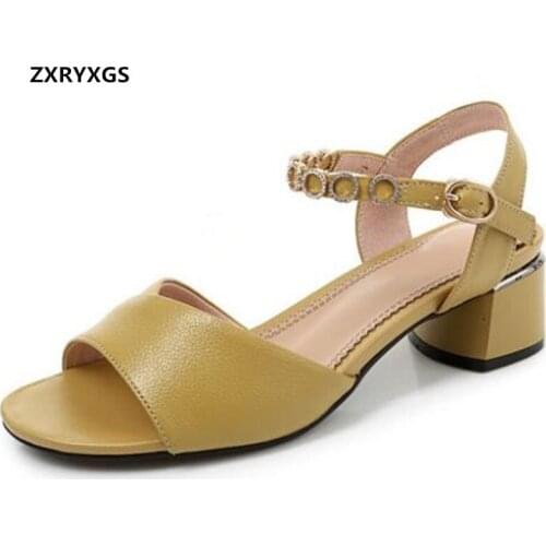 Promotion 2020 New Top Soft Cowhide Summer Leather Sandals Thick Heel Soft Sole Non-slip Women Shoes Fashion Sandals Large Size
