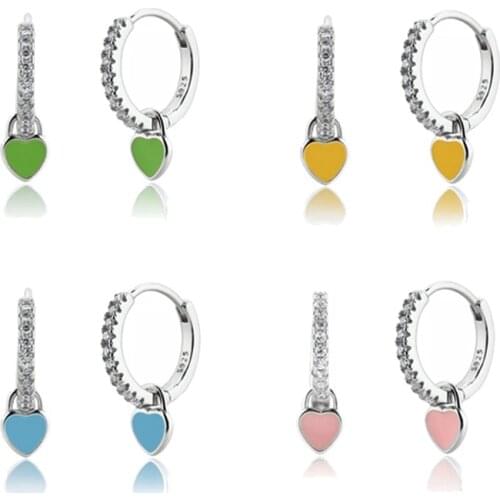 Aide 925 Sterling Silver Hoops Earrrings for Women Sweet Lovely Heart Shaped Enamel Heart Huggie Earrings Wedding Party Gifts