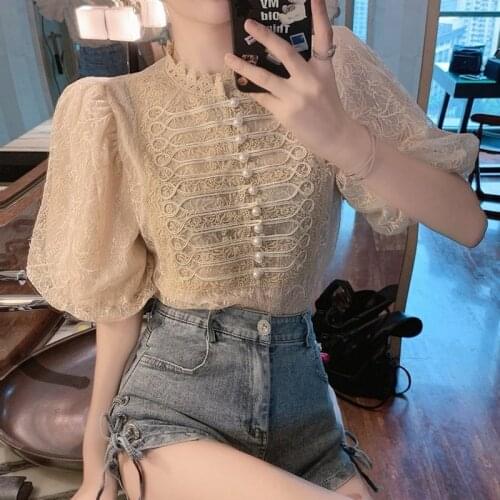 Women Lantern Sleeve Lace Insert Top Tops and Blouses 2021