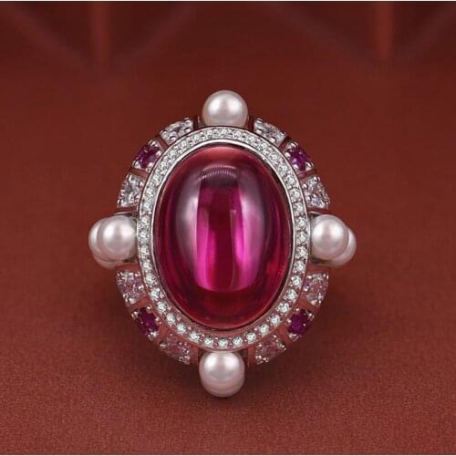 High Quality 100% Solid 925 Sterling Silver 13x18MM Ruby Pearl Gemstone Rings Wedding Anniversary Fine Jewelry Ring Gift
