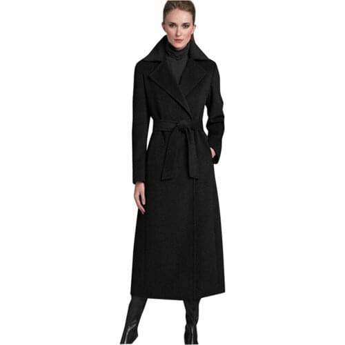 Savabien Winter Women Coat 2019 Vintage Elegant Long Black Lapel Belted Korean Wool Blend Coat Ladies Trench Coat Outerwear